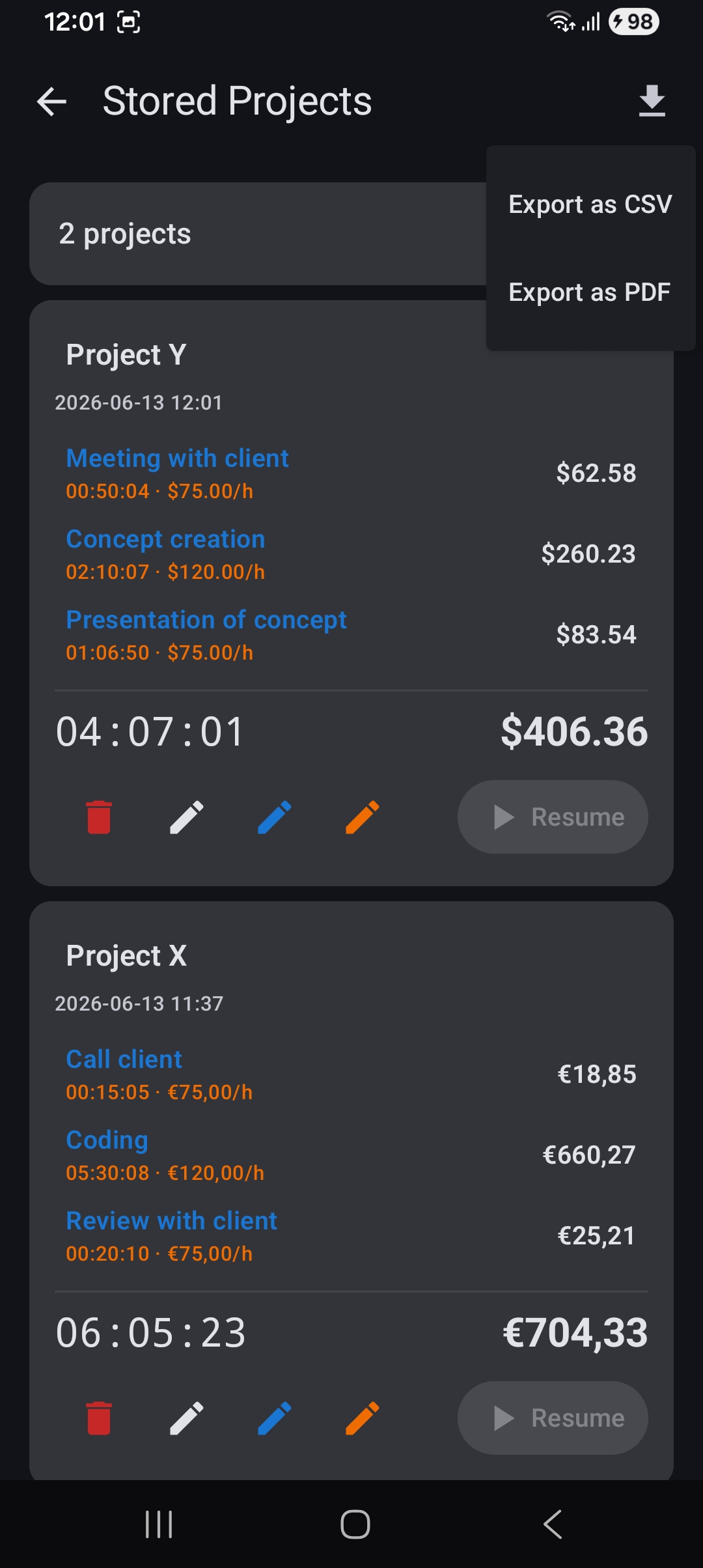 Stored projects with export